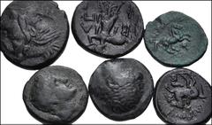 Large Lots GREEK. Northern Greece. Lot of six (6) Regal Macedonian bronzes. Includes: Philip II (2 coin) // Alexander III // Philip V (3 coins). Average Fine, mostly with patinas. LOT SOLD AS IS, NO R
