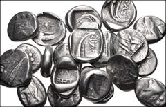 Large Lots GREEK. Asia Minor. Lot of twenty (20) AR Tetrobols of Phaselis in Lycia. All coins: Circa 500-440 BC. AR Tetrobol. Prow of galley / Stern of galley. Fine to VF. LOT SOLD AS IS, NO RETURNS. 