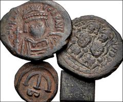 Large Lots BYZANTINE. Lot of four (4) bronze pieces. Includes: Justinian I. Æ Pentanummium. SB 170 // Justin II, with Sophia. Æ Follis. SB 369 // Heraclius. Æ Follis. SB 839 // Coin weight. Cf. Bendal
