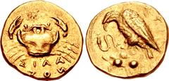 Greek SICILY, Akragas. Circa 406 BC. AV 2 Litrai – Diobol (10mm, 1.35 g, 11h). Silanos, magistrate. Eagle standing left, snake clasped in its talons, on rock outcropping; AKP[A] above, two pellets (ma