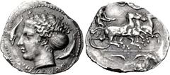 Greek SICILY, Syracuse. Dionysios I. 405-367 BC. AR Hemidrachm or Litra (16mm, 1.54 g, 5h). Obverse die signed by the artist E– (Euarchidas or Euainetos?). Struck circa 405-400 BC. Charioteer driving 