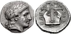 Greek MACEDON, Chalkidian League. Circa 350 BC. AR Tetradrachm (24mm, 14.32 g, 11h). Olynthos mint; Aristonos, magistrate. Head of Apollo right, wearing laurel wreath / Kithara; X-A-Λ-KIΔ-EΩN above an