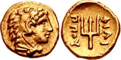 Greek KINGS of MACEDON. temp. Philip II – Alexander III. Circa 340/36-328 BC. AV Eighth Stater (8.5mm, 1.05 g, 8h). In the name and types of Philip II. Pella mint. Head of Herakles right, wearing lion