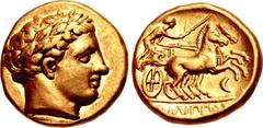 Greek KINGS of MACEDON. temp. Philip II – Alexander III. Circa 340/36-328 BC. AV Stater (16.5mm, 8.58 g, 9h). In the name and types of Philip II. Amphipolis mint. Laureate head of Apollo right / Chari