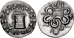 Greek LYDIA, Tralleis. Circa 166-67 BC. AR Tetradrachm (26mm, 12.63 g, 12h). Cistophoric type. Struck circa 166-160 BC. Cista mystica within ivy wreath / Two serpents entwined around bow and bowcase; 