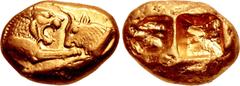 Greek KINGS of LYDIA. Kroisos. Circa 564/53-550/39 BC. AV Stater (18mm, 10.77 g). Heavy standard. Sardes mint. Regular issue. Confronted foreparts of lion and bull / Two incuse squares. Berk 2; Le Rid