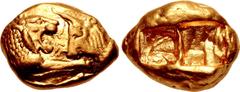 Greek KINGS of LYDIA. Kroisos. Circa 564/53-550/39 BC. AV Stater (16mm, 8.07 g). Light standard. Sardes mint. Confronted foreparts of lion and bull / Two incuse squares. Berk 3; Le Rider, Naissance, p