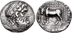 Greek CARIA, Antioch ad Maeandrum. Mid 2nd century BC. AR Tetradrachm (25mm, 13.33 g, 12h). Stephanophoric type. Eunikos, magistrate. Bearded head of Zeus right, wearing laurel wreath / Zebu bull stan