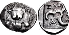 Greek DYNASTS of LYCIA. Trbbenimi. Circa 390-375 BC. AR Stater (25mm, 9.82 g). Zemura (Limyra) mint. Facing lion scalp / Triskeles; small triskeles in one section, ZẼ and T (in Lycian) the others; all