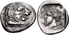 Greek DYNASTS of LYCIA. Mithrapata. Circa 390-370 BC. AR Stater (25.5mm, 9.87 g, 10h). Forepart of lion right / Head of Mithrapata left; MITHRAP-A-T-A in Lycian around, triskeles to lower right; all w