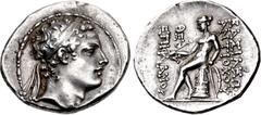 Greek SELEUKID EMPIRE. Antiochos IV Epiphanes. 175-164 BC. AR Drachm (20.5mm, 4.09 g, 12h). Antioch on the Orontes mint. Series 2, circa 173/2-169/8 BC. Diademed head right / Apollo Delphios, testing 