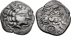 Celtic GAUL, Northwest. Redones. Circa 100-50 BC. BI Stater (22mm, 6.83 g, 7h). Class 7. Celtic head right / Celticized biga right; above, human-like head right; below, wheel set on spiral ornament. D