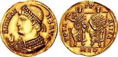 Roman Imperial Valens. AD 364-378. AV Solidus (21mm, 4.34 g, 6h). Mediolanum (Milan) mint. Struck early AD 365. D N VALE-NS AVG, pearl-diademed bust left, wearing consular robes, holding mappa and sce