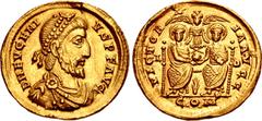 Roman Imperial Eugenius. AD 392-394. AV Solidus (22mm, 4.40 g, 12h). Lugdunum (Lyon) mint. Struck circa AD 392-393. D N EVGENI-VS P F AVG, pearl-diademed, draped, and cuirassed bust right / VICTOR-IA 