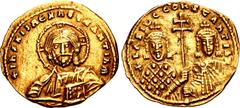 Byzantine Basil II Bulgaroktonos, with Constantine VIII. 976-1025. AV Tetarteron Nomisma (22mm, 4.09 g, 6h). Constantinople mint. Struck 977-989. Facing bust of Christ Pantokrator / Crowned facing bus