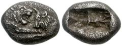 KINGS of LYDIA. Kroisos. Circa 561-546 BC. AR 1/6th Stater (11mm, 1.58 g). Confronted foreparts of lion and bull / Double incuse punch. Cf. SNG von Aulock 2880 (1/12th Stater); BMC Lydia -; Rosen 667.