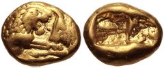 Greek KINGS of LYDIA. Kroisos. Circa 564/53-550/39 BC. AV Sixth Stater (9mm, 1.78 g). Heavy standard. Sardes mint. Confronted foreparts of lion and bull / Two incuse squares. Walburg Group III; Berk 7