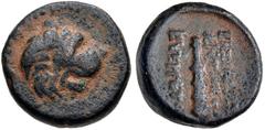 Greek SELEUKID EMPIRE. Antiochos VII Euergetes (Sidetes). 138-129 BC. Æ (16.6mm, 6.73 g, 3h). Contemporary imitation. Uncertain mint, imitating Antioch. Lion's head right / Vertical club downward. SC 