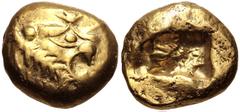 Greek KINGS of LYDIA. temp. Ardys – Alyattes. Circa 630s-564/53 BC. EL Trite – Third Stater (12.5mm, 4.75 g). Sardes mint. Head of roaring lion right, "sun" with four rays on forehead / Two incuse squ