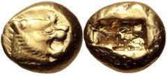 Greek KINGS of LYDIA. temp. Alyattes – Kroisos. Circa 620/10-550/39 BC. EL Trite – Third Stater (13mm, 4.70 g). Sardes mint. Head of roaring lion right, "sun" with multiple rays on forehead / Two squa
