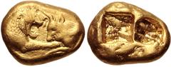 Greek KINGS of LYDIA. Kroisos. Circa 564/53-550/39 BC. AV Stater (17mm, 10.69 g). Heavy standard. Sardes mint. Regular issue. Confronted foreparts of lion and bull / Two incuse squares. Berk 2; Le Rid
