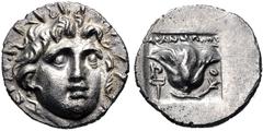 Greek ISLANDS off CARIA, Rhodos. Rhodes. Circa 170-150 BC. AR Hemidrachm (12mm, 1.13 g, 12h). 'Plinthophoric' coinage. Athanodoros, magistrate. Radiate head of Helios facing slightly right / Rose with