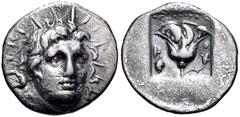 Greek ISLANDS off CARIA, Rhodos. Rhodes. Circa 170-150 BC. AR Hemidrachm (13mm, 1.32 g, 12h). 'Plinthophoric' coinage. Dexagoras, magistrate. Radiate head of Helios facing slightly right / Rose with b