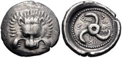 Greek DYNASTS of LYCIA. Trbbenimi. Circa 390-375 BC. AR Sixth Stater (13.5mm, 1.55 g). Wedrei mint. Facing lion scalp; triskeles below / Triskeles; F (W in Lycian; mintmark) in one section; all within