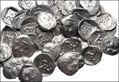 Large Lots GREEK. Asia Minor. Lot of fifty (50) Mithrapata AR Diobols. All coins: DYNASTS of LYCIA, Mithrapata. Circa 390-370 BC. AR Diobol. Facing lion's scalp / Triskeles within incuse square; vario