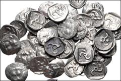 Large Lots GREEK. Asia Minor. Lot of fifty (50) Mithrapata AR Diobols. All coins: DYNASTS of LYCIA, Mithrapata. Circa 390-370 BC. AR Diobol. Facing lion's scalp / Triskeles within incuse square; vario