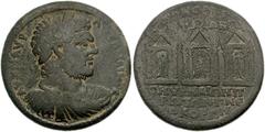IONIA, Smyrna. Caracalla. AD 198-217. Æ 34mm (21.13 g). Laureate, draped and cuirassed bust right / Three tetrastyle temples, each with a peaked roof with a wreath on top: the first with a statue of H