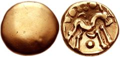 CELTIC, Britain. Gallo-Belgic. Gallic War. Circa 60 BC. AV Stater (17mm, 5.96 g). Gallo-Belgic E (Ambiani). Blank / Disjointed horse right; crescent over pellet below. Van Arsdell 56; SCBC 11. Good VF