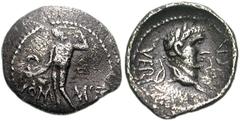 CELTIC BRITAIN, Atrebates & Regni. Verica. Circa AD 10-40. AR Unit (13mm, 1.30 g, 3h). COMMI F, Male figure standing left, holding lituus / VERICA, laureate head of Tiberius (?) right. Van Arsdell 533