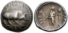 CELTIC BRITAIN, Atrebates & Regni. Verica. Circa AD 10-40. AR Unit (12mm, 1.33 g, 9h). VERICA REX, bull butting right / COMMI F, male figure standing left, holding branch; to right, bust on lance. Van