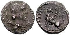 CELTIC BRITAIN, Trinovantes & Catuvellauni. Cunobelin. Circa AD 10-43. AR Unit (12mm, 1.15 g, 9h). CVNO, Winged, draped bust right / TASCI[O], Sphinx left. Van Arsdell 2057; SCBC 313. VF, original fin