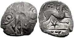 CELTIC BRITAIN, Iceni. Uninscribed. Circa 65-1 BC. AR Unit (13mm, 0.88 g, 12h). Boar/Horse type. Boar running right; annulets and pellets in annulets around / Celticized horse running right; three pel