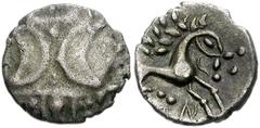 CELTIC BRITAIN, Iceni. Ecen. Circa AD 25-38. AR Unit (13mm, 1.20 g, 6h). Two opposed crescents / [ECE]N, Celticized horse right. Van Arsdell 730; SCBC 443A. VF, toned, obverse softly struck. From the 