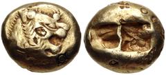 Greek KINGS of LYDIA. temp. Alyattes – Kroisos. Circa 620/10-550/39 BC. EL Trite – Third Stater (12mm, 4.74 g). Sardes mint. Head of roaring lion right, "sun" with multiple rays on forehead / Two incu