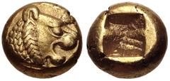 Greek KINGS of LYDIA. temp. Alyattes – Kroisos. Circa 620/10-550/39 BC. EL Hemihekte – Twelfth Stater (7mm, 1.18 g). Sardes mint. Head of roaring lion right, "sun" with no rays on forehead / Incuse sq