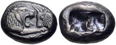 Greek KINGS of LYDIA. Kroisos. Circa 564/53-550/39 BC. AR Hemistater (15.5mm, 5.30 g). Sardes mint. Confronted foreparts of lion and bull / Two square punches. Berk 23; SNG Ashmolean 763 and 767–8 (Pe