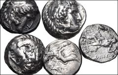 Large Lots CELTIC. Lot of five (5) AR Tetradrachms imitating Alexander III 'the Great'. All coins: Eastern Europe(?). Circa 2nd century BC. AR Tetradrachm. Head of Herakles right, wearing lion skin / 