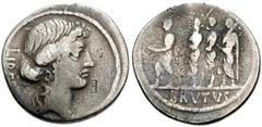 M. Junius Brutus. 54 BC. AR Denarius (19mm, 3.76 g). Bust of Libertas right / The consul L. Junius Brutus walking left between two lictors preceded by an accensus. Crawford 433/1; Sydenham 906a; Junia