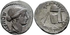 T. Carisius. 46 BC. AR Denarius (17mm, 3.61 g). Head of Juno right / Minting implements, all within wreath: wreathed cap of Vulcan above moneyer’s anvil between tongs and hammer. Crawford 464/2; Syden