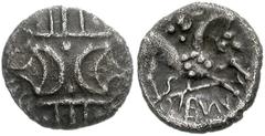 CELTIC BRITAIN, Iceni. Saenu (Prasutagus). Circa AD 50-60. AR Unit (13mm, 0.86 g, 12h). Two opposed crescents / Horse right, pellets on shoulder; SAENV below. Hobbs 4540; Van Arsdell 770-1; SCBC 446. 