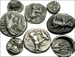Lot of twelve Greek AR. BRUTTIUM Terina. Third Nomos // MOESIA, Istros. Drachm // Diobol // THRACE, Apollonia. Drachm // Byzantion. Siglos // Thasos. Trihemiobol. // MACEDON, Chalkidian League. Tetrob