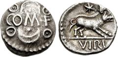 CELTIC, Britain. Atrebates & Regni. Verica. Circa AD 10-40. AR Unit (1.31 g, 10h). First coinage, 10-20 AD. COM F, crescent and pellet above and below; pellet-in-annulets around / VIRI, boar standing 