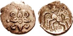 CELTIC, Britain. Trinovantes & Catuvellauni. Addedomaros. Circa 40-30 BC. AV Quarter Stater (1.35 g). Second coinage, circa 37-33 BC. Floral design with pellet-in-annulet in center / Celticized horse 