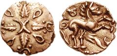 CELTIC, Britain. Trinovantes & Catuvellauni. Tasciovanus. Circa 25-10 BC. AV Quarter Stater (1.35 g). First coinage, circa 25-20 BC. Crossed wreaths; two crescents at center, pellets and pellet-in-ann