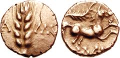 CELTIC, Britain. Trinovantes & Catuvellauni. Cunobelin. Circa AD 10-43. AV Quarter Stater (1.36 g, 4h). Wild type, circa AD 10-20. CA MV flanking grain ear / CV[N], Celticized horse right; branch abov