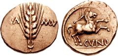 CELTIC, Britain. Trinovantes & Catuvellauni. Cunobelin. Circa AD 10-43. AV Stater (5.40 g, 2h). Classic type, circa AD 20-43. CA MV flanking grain ear / CVNO, Romanized horse right; branch above. Van 